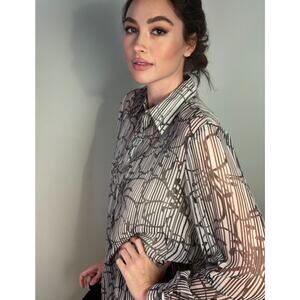 Vintage Impressions Graphic Black White Floral Stripe Blouse Sheer Y2K 90s ~Sz M